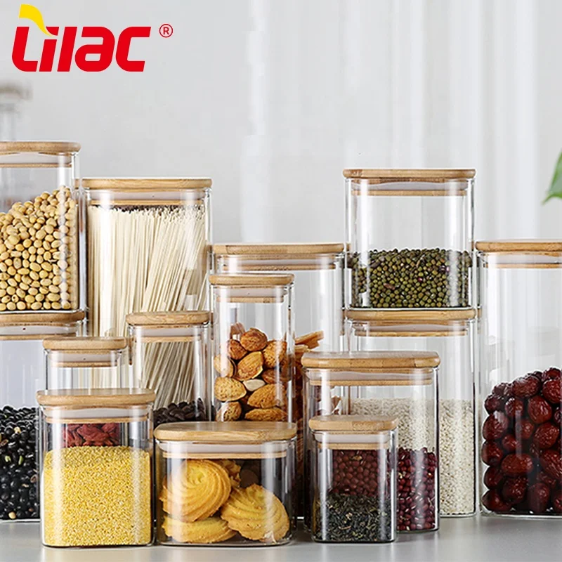 Lilac BSCI SGS LFGB Various Size vorratsdosen potes de vidro com tampa de bambu glass food containers with bamboo wooden lid