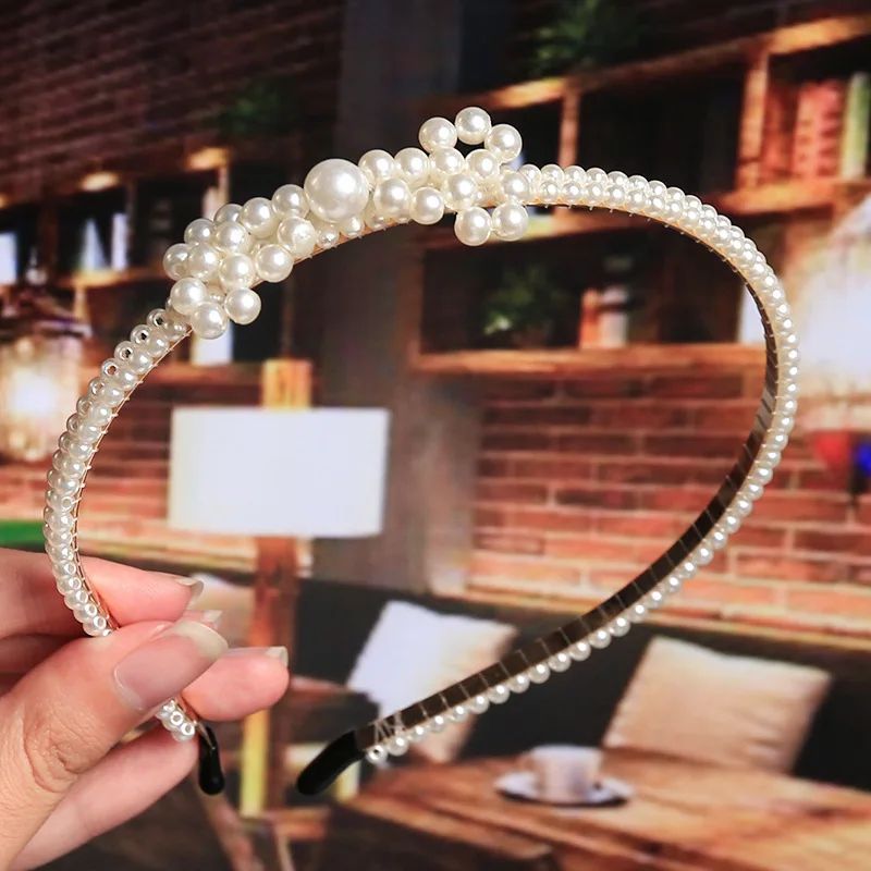 Bridal hair accessories female hand woven knotted pearl hair hoop beaded headdress bow knot crown hoop