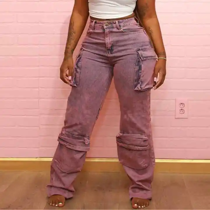 wholesale clothing Tie-dye denim high-waisted straight-leg spliced multi-pocket trendy street cargo pants woman