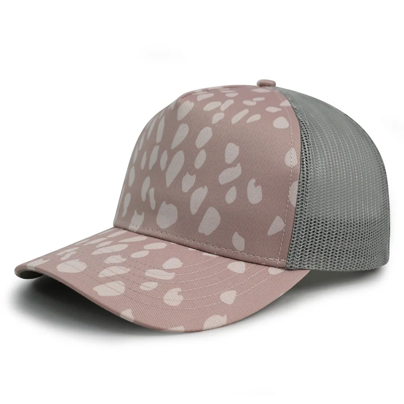 HN25 Custom Digital Cheetah Leopard Print Curved Bill Trucker Hats 5 Panel Mesh Trucker Type Snap Back Hat Cap With Custom Rope