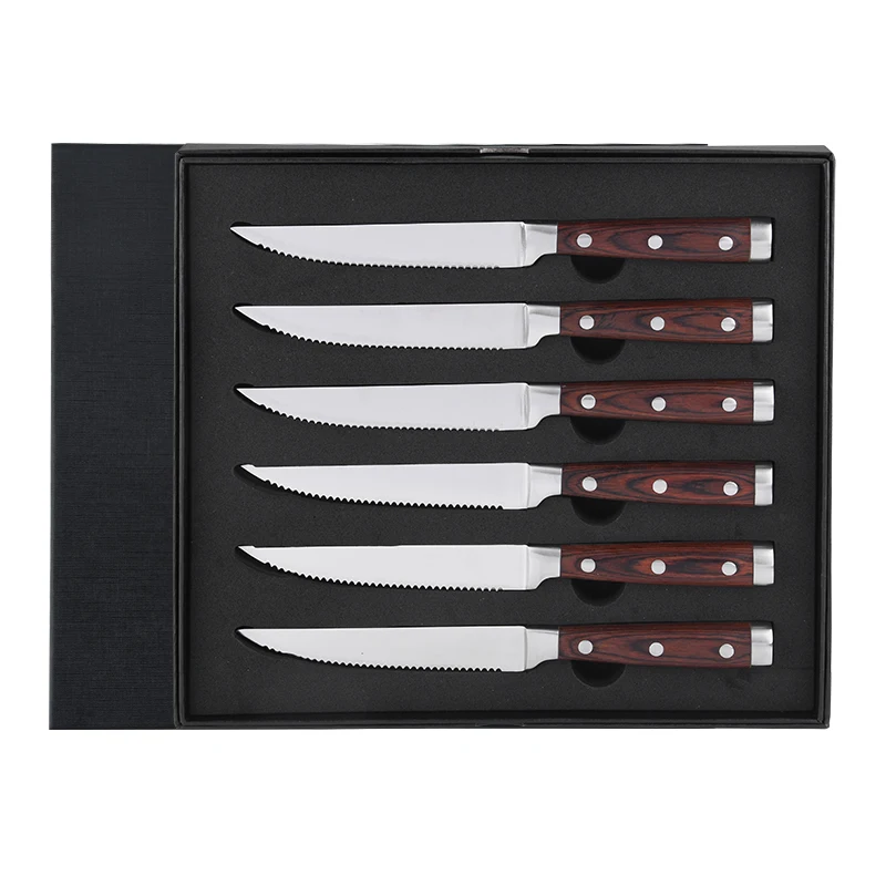 RUITAI Custom steak knives set 6pcs pakkawood handle serrated knife with Knife gift box