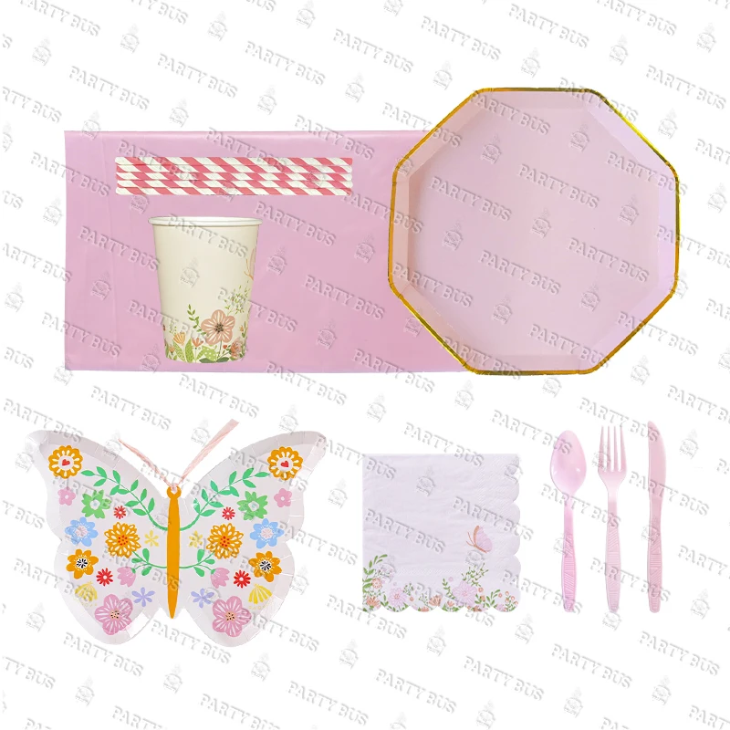 PARTYBUS 2021 New Butterfly Shaped Party Paper Plates Flying in Flowers Eco-friendly Birthday Dinnerware Sets For Girls Party