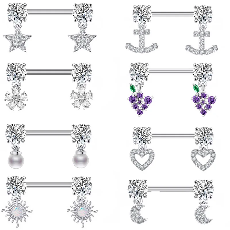 2024 Fashion 316L Stainless Steel Crystal Star Heart Dangling Nipple Ring For Women Moon Flower CZ Barbell Nipple Piercing