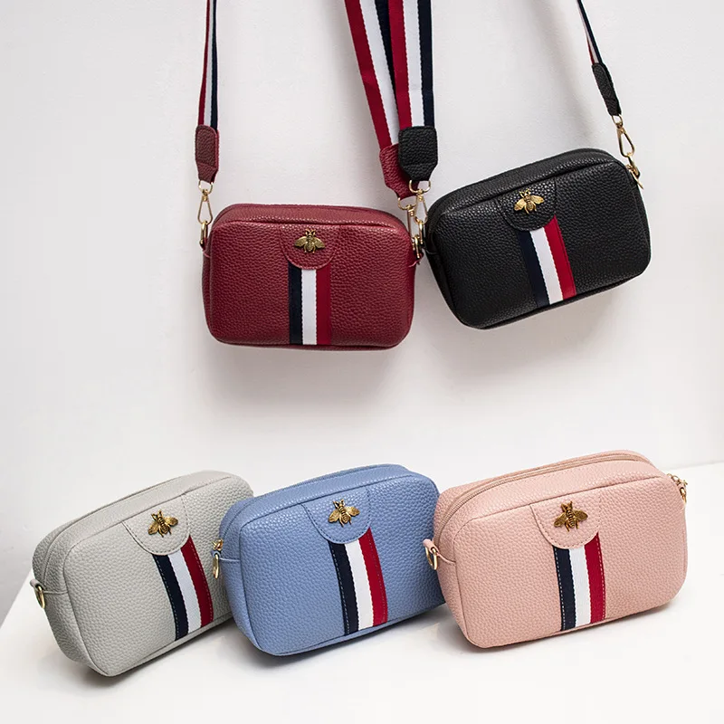 REWIN Detachable Stripe Adjustable Shoulder Strap Bee Decor Pink Square Camera Bag Crossbody Phone Bags for Ladies