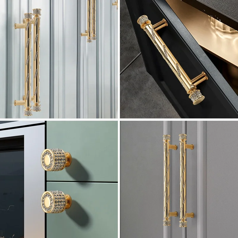 Modern luxury Nordic style diamond-encrusted gold cabinets Wardrobe Door handles wholesale
