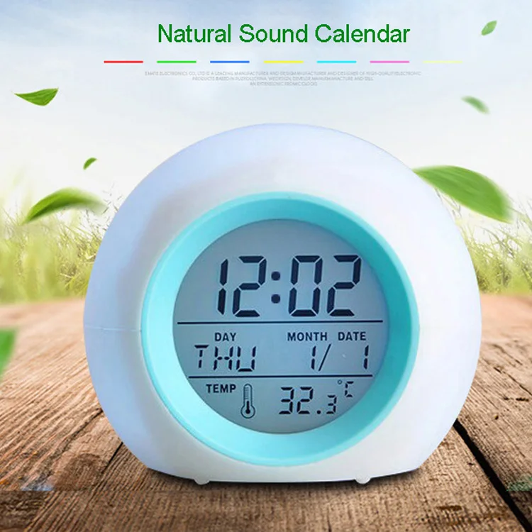 Home Office Electronic Bedroom Round Cute LED Colorful Changing Calender Table Alarm Clock