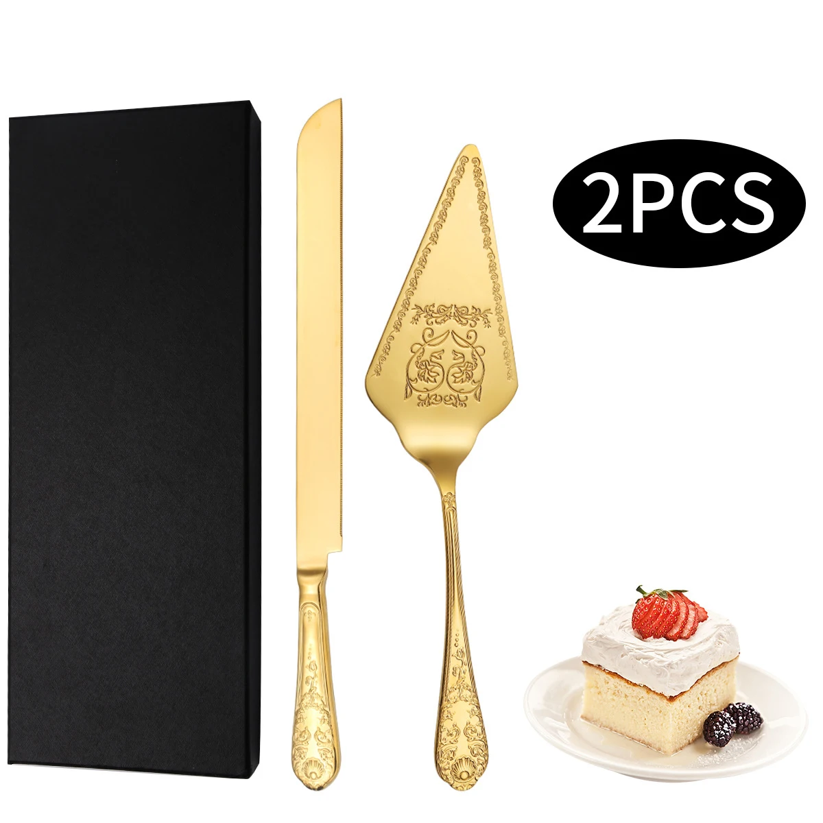 18/10 Luxury Gold Stainless Steel Wedding Cake Knife Cutter And Spatula Set 2 Piece Pie Server Cake Cutter Knife for Birthday