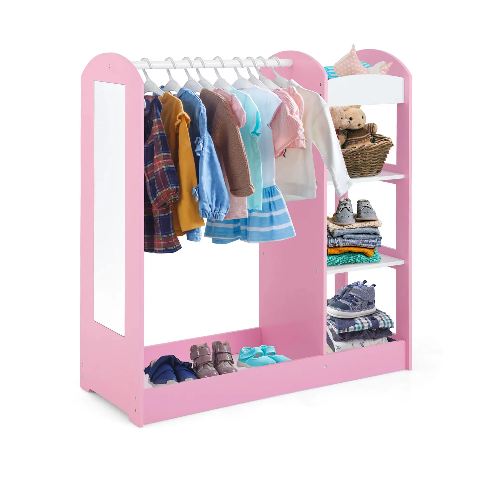 Children Dress up Storage Hanging Wardrobe Dresser Costume Closet with Mirror and Shelves for Kids Pink
