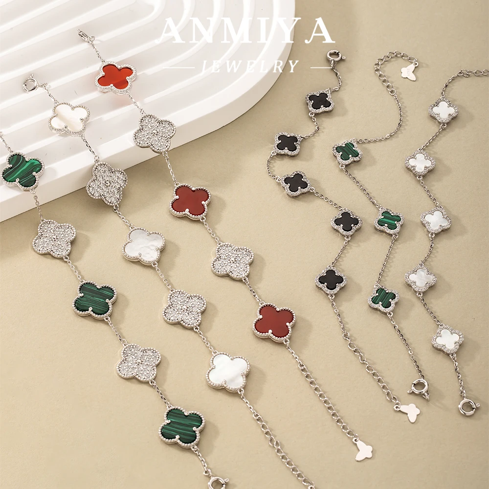 ANMIYA Free Sample High Quality 925 Sterling Silver Bracelet Bangle Four Leaf Clover S925 Jewelry  Bracelet Set