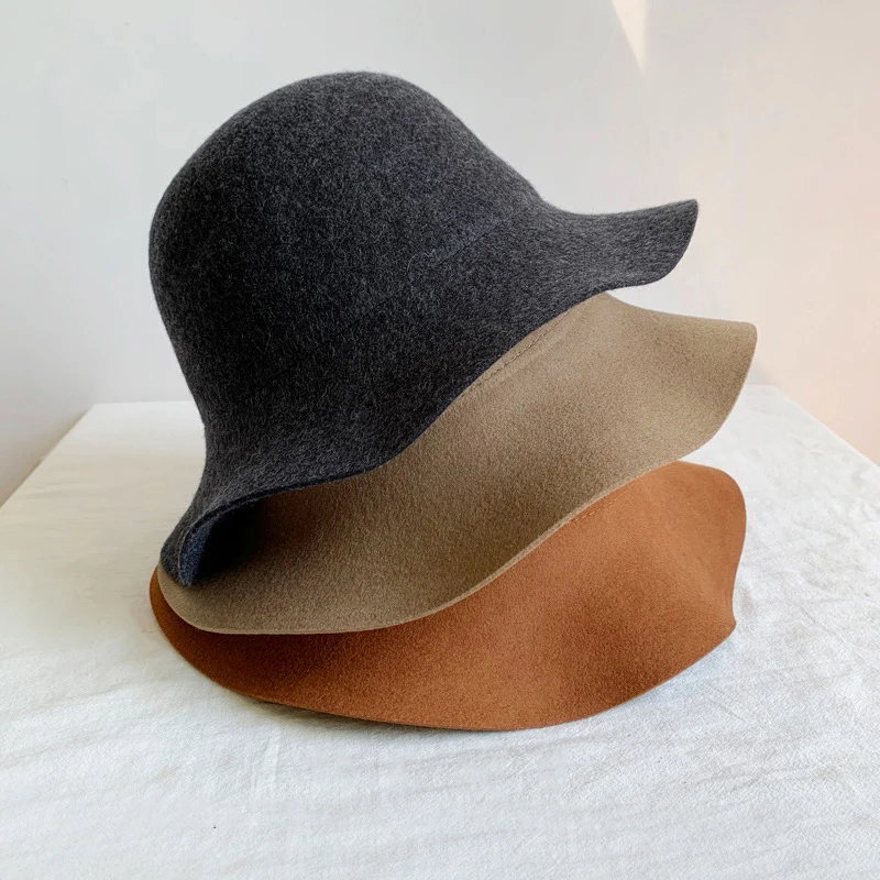 Winter wide brim wool felt bucket hat for women