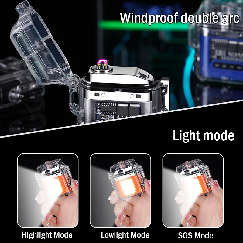 Waterproof Rechargeable LED Power Display Lighter 3 Modes of Flashlight Windproof Lighter Dual Arc Electric Lighter