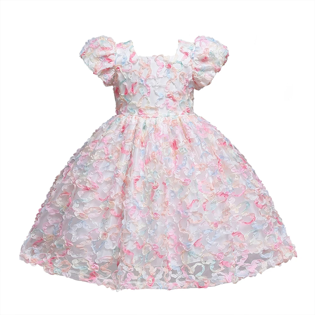 In Stock Korean Style 3D Flower Girl Bridesmaid Dress Pink Girls Party Birthday Dresses for 6Y  Soft Kids Night Dress