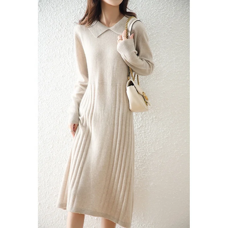 Autumn winter cashmere slim fit woolen knitted bottomed long dress