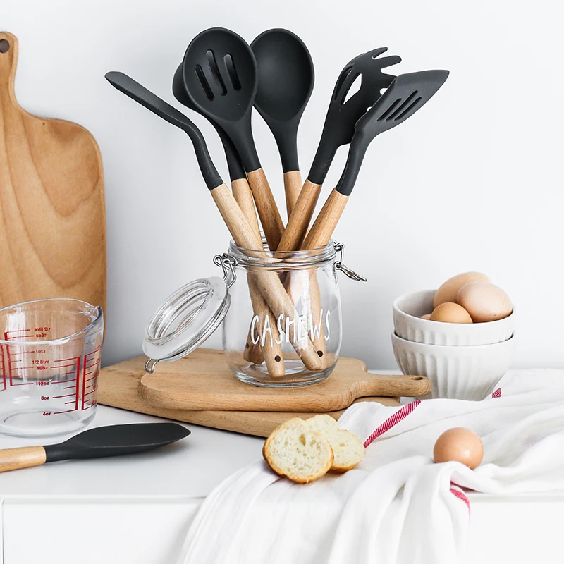 9Pcs Kitchen Utensils Set Cheap Non-stick Heat Resistant Silicone Frying Shovel Cooking Tools With Wooden Handles 1788