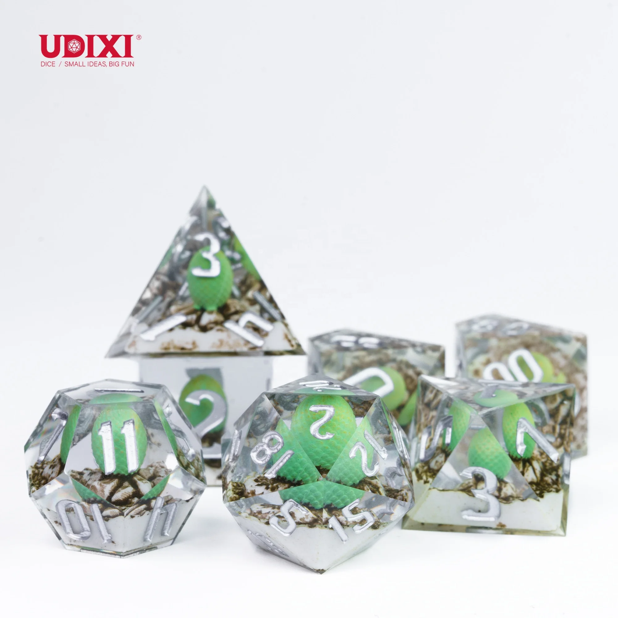 Udixi Polyhedral custom logo engraved colored dungeons and dragons resin sharp edge sides dice sets cube Dragon Egg