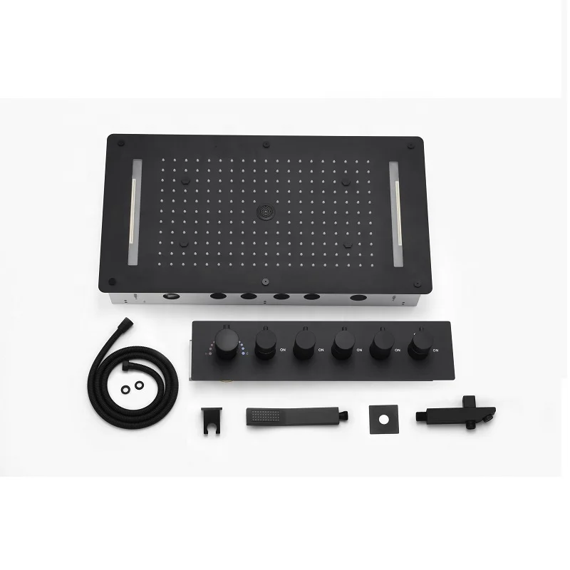 Bathroom Luxury Multi-function LED Large Size 380*700 mm Shower Head Matte Black Thermostatic Embedded Ceiling Shower Faucet Set