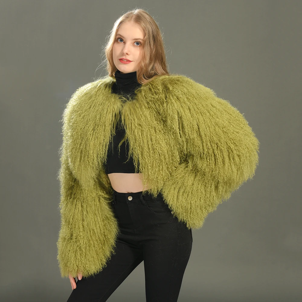 Custom Logo Wholesale Casual Winter Natural Tibet Lamb Fur Coat Cropped Luxury Fluffy Real Mongolian Lamb Fur Coat Women Green