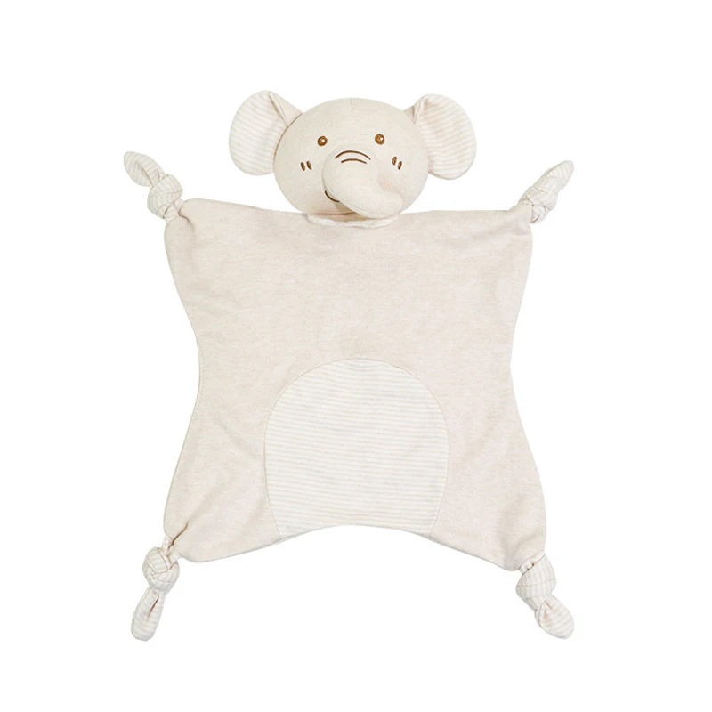 Beige stripe yarn blank bear head 100% organic cotton flannel receiving unisex baby security blanket jersey knit