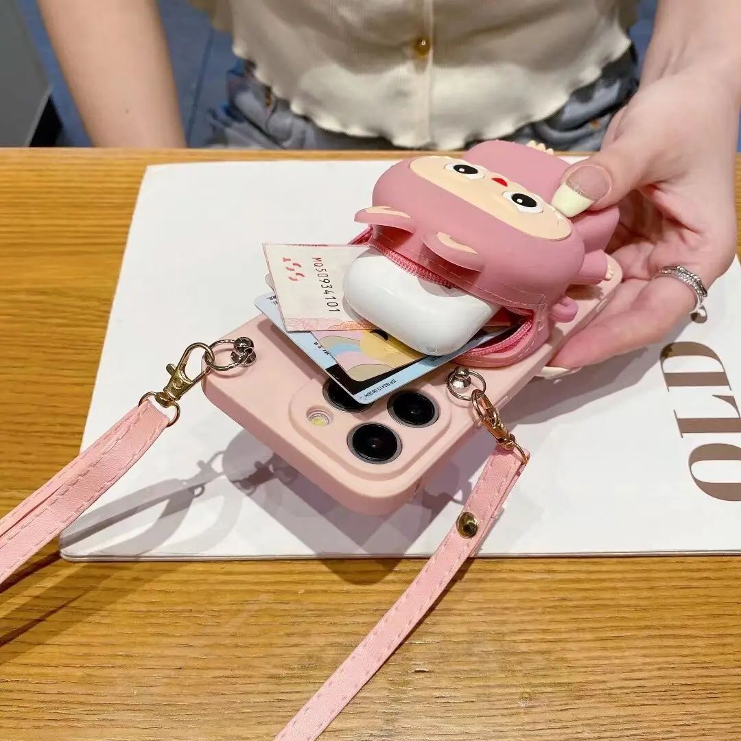 3D Cute Cartoon Characters Coin Cosmetic Storage Silicone Purse Bag Phone Case For iPhone 16 15 14 13 12 11 Pro Max Cover