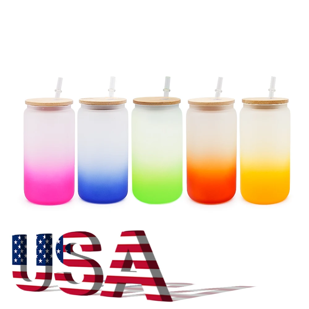 Stocked in USA 16oz 25oz gradient sublimation frosted ombre beer cup color glass can with bamboo lid and plastic straw