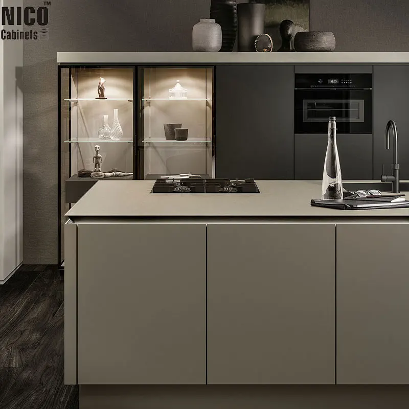 NICOCABINET Luxury Artisanal Craftsmanship Chic Glass Detailing Ambient Lighting Custom Kitchen Cabinets