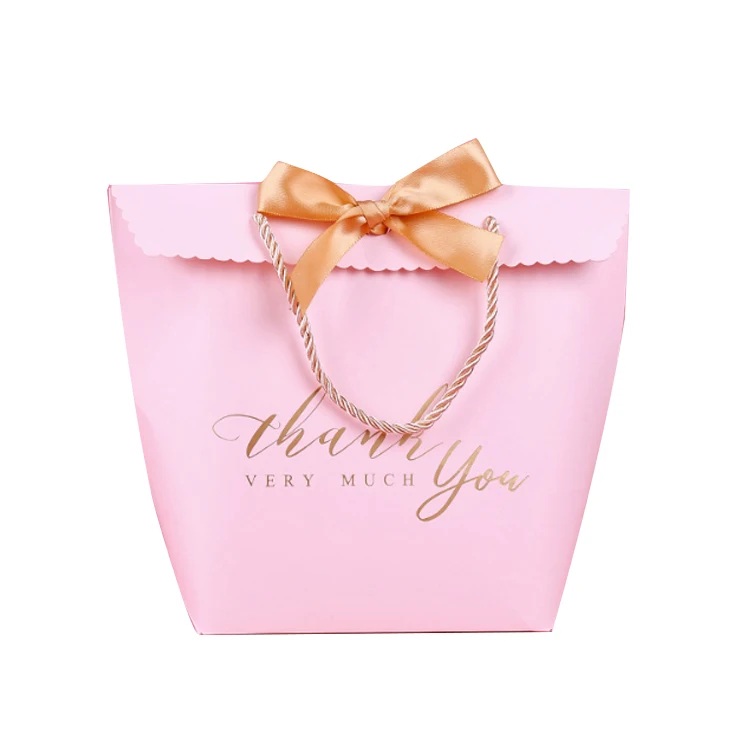 wholesale wedding gift paper packaging pink paper shopping bag with ribbon handle