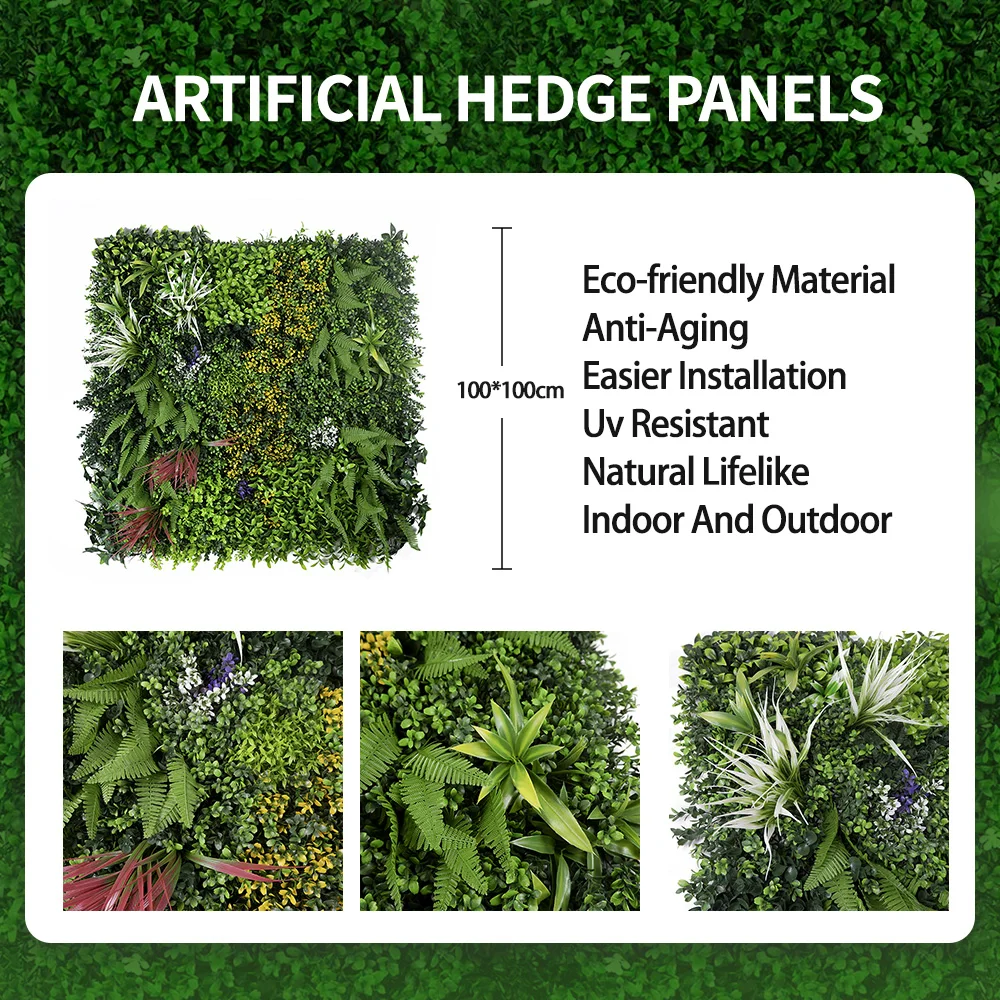 wholesale 100*100cm vertical garden artificial grass green panel plastic wall hedge for privacy garden