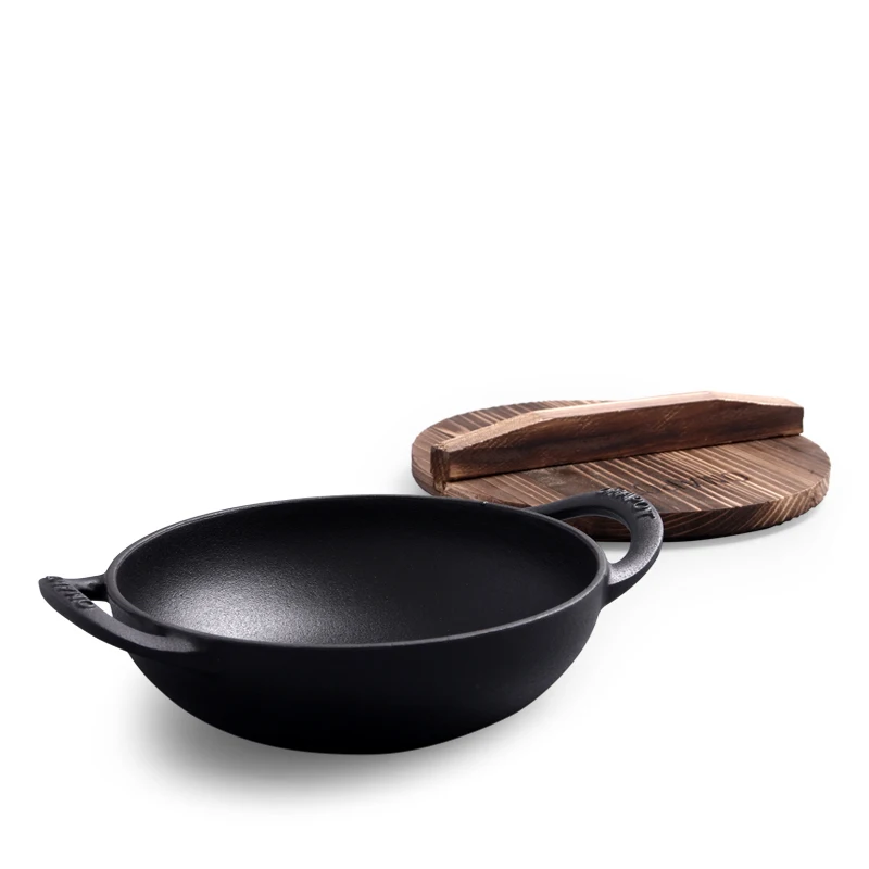 Dual Handle Cast Iron Shabu Shabu Hot Pot With Wooden Lid