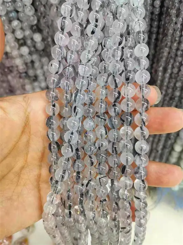 Wholesale  Natural Smooth Charm Gemstone Black Rutilated Quartz Stone Loose Beads For Jewelry Making