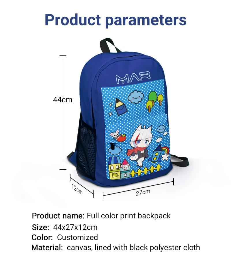 Hot sale Sublimation print full color custom pattern durable students anime Backpack School Bags