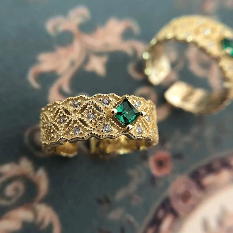 empire style jewelry 925 sterling silver gold plated emerald green s925 anillos de plata adjustable band rings for young