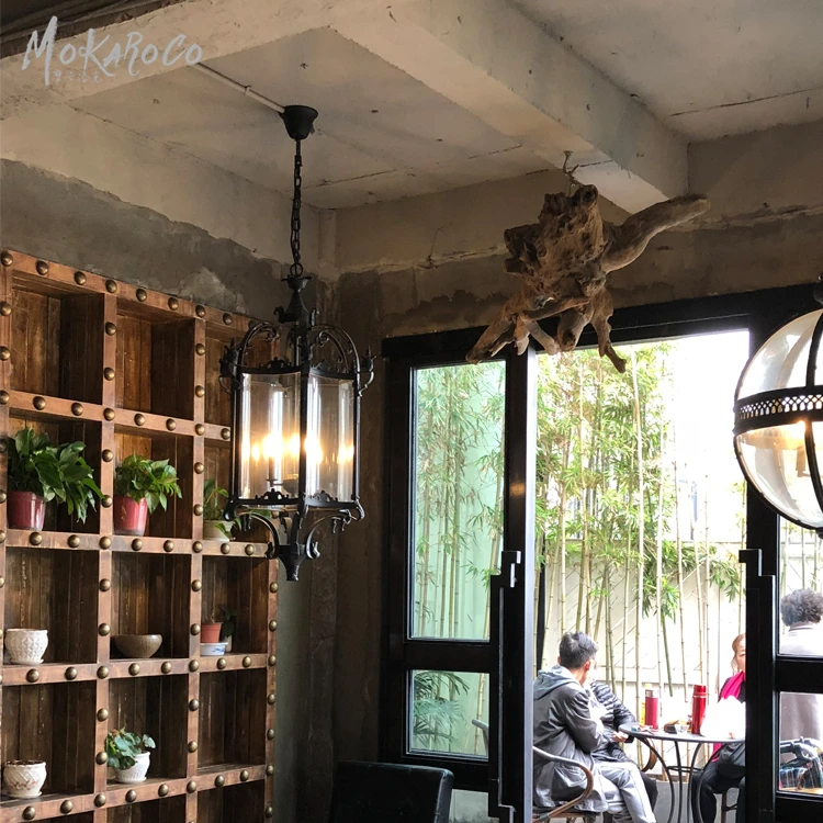 Black gram color vintage American hexagonal glass chandelier Roman Gothic courtyard chandelier