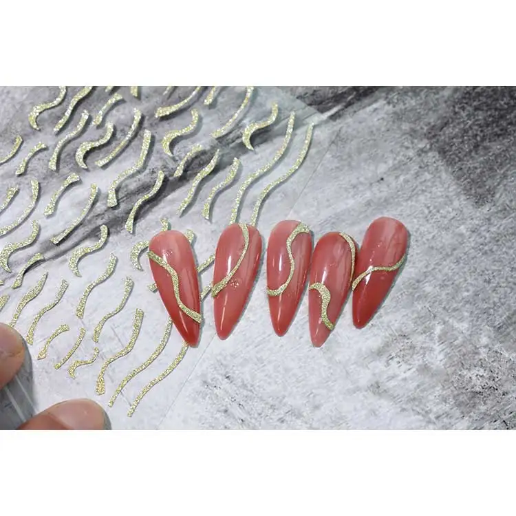 High quality Irregular line nail art decoration patch self-adhesive gold glitter nail sticker