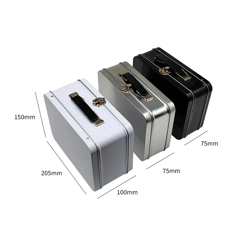 Wholesale Black White Rectangle Metal Tin Lunch Box for Kids Printable Lock Storage Container with Handle for Food Packaging