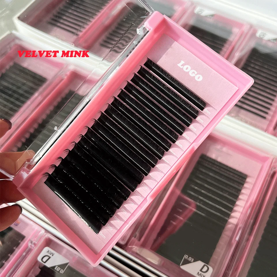 velvet matte mink lash extensions trays custom logo korean pbt fiber lash extension cashmere mink silk dark lash trays 16 rows