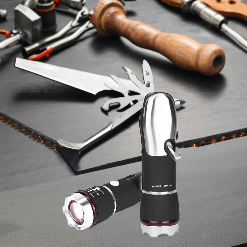 2024 Multifunctional Combination Tool Safety Hammer Retractable Focusing Flashlight Aluminum Head LED Tool Steel Package
