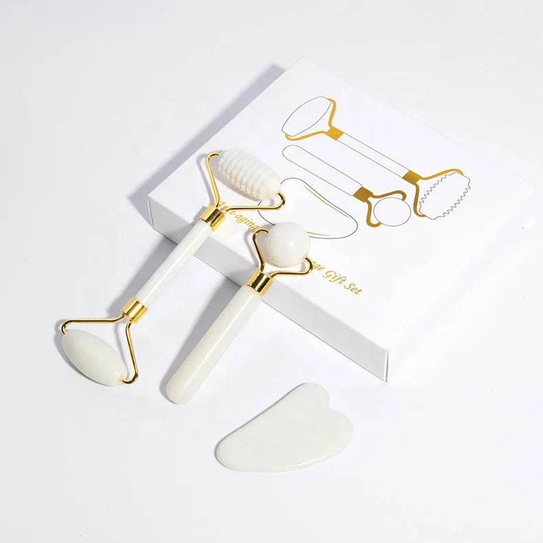 3pcs/box White Jade Roller Massager For Face Lift Natural Stone Gua Sha Scrpaer Set Facial Slimming Chin Skin Care Beauty Tool