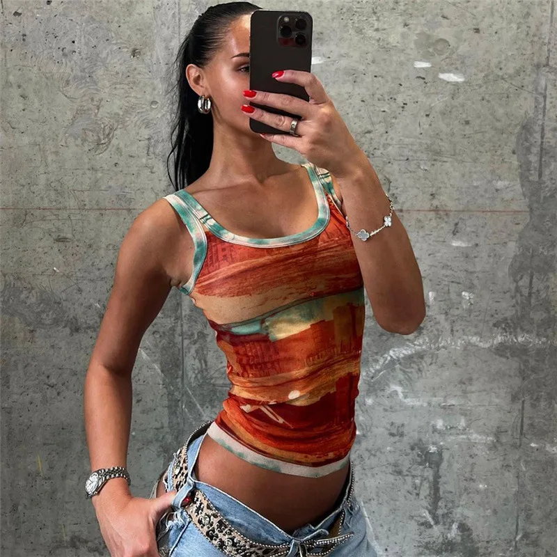 X15339C Gradient Print Tank Tops Women 2024 Summer Hipster Skinny Basic O-Neck Wild Streetwear Casual Vintage Fashion Vest