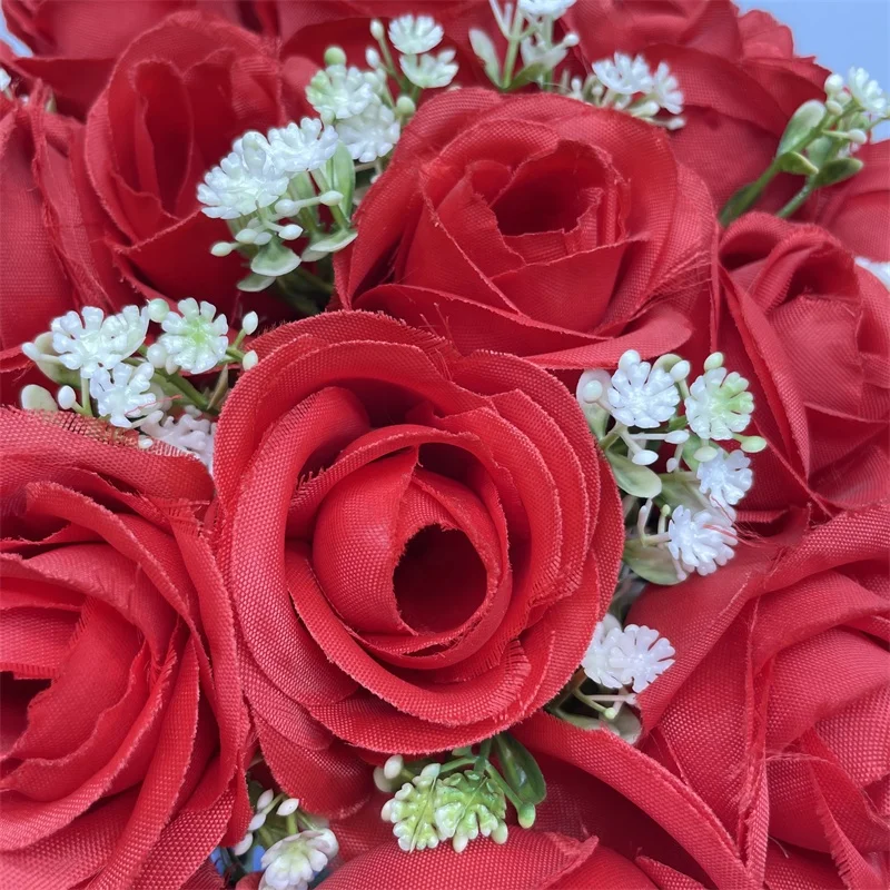 BS0103 Home Flower Arrangement Desktop Decoration 18 Head Red Rose Gypsophila Bridal Wedding Flower Artificial Bouquet