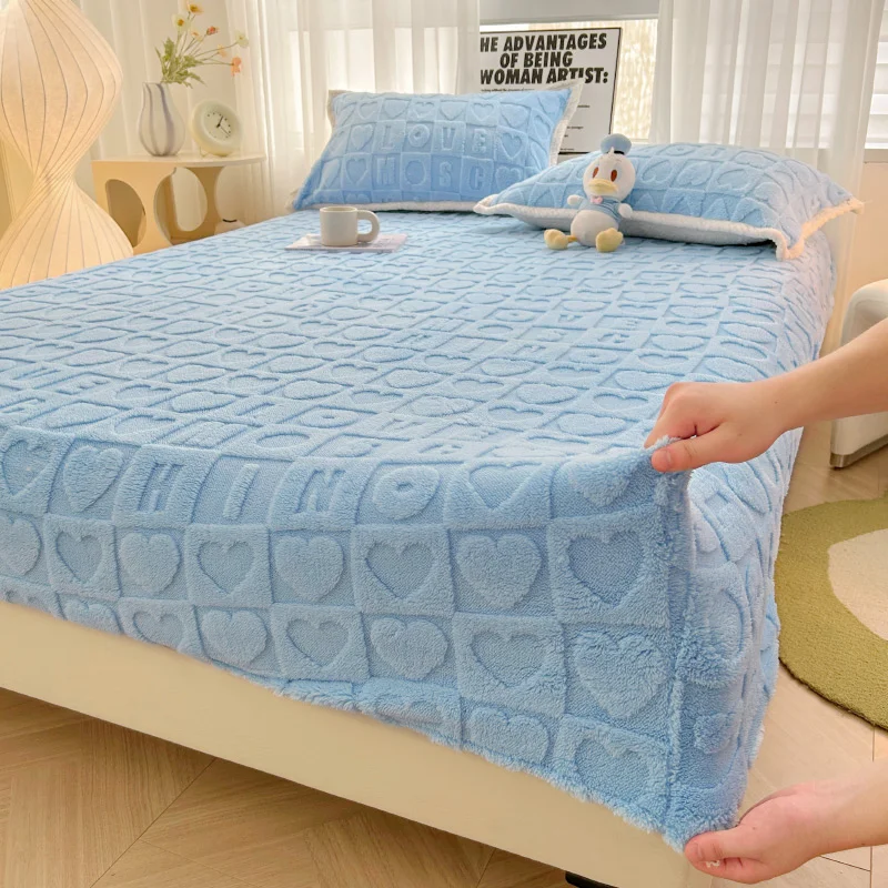 Thickened winter warm 3D flannel bed sheet mattress protective cover velvet fitted bedsheet
