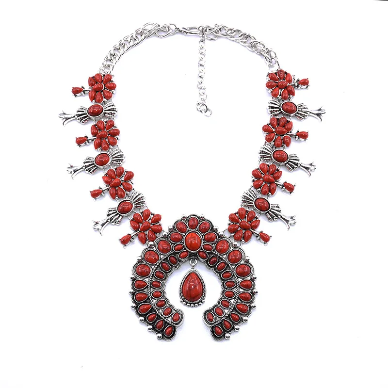 2023 Vintage Squash Blossom Turquoise Natural Stone Exaggerated Flower Statement Necklace