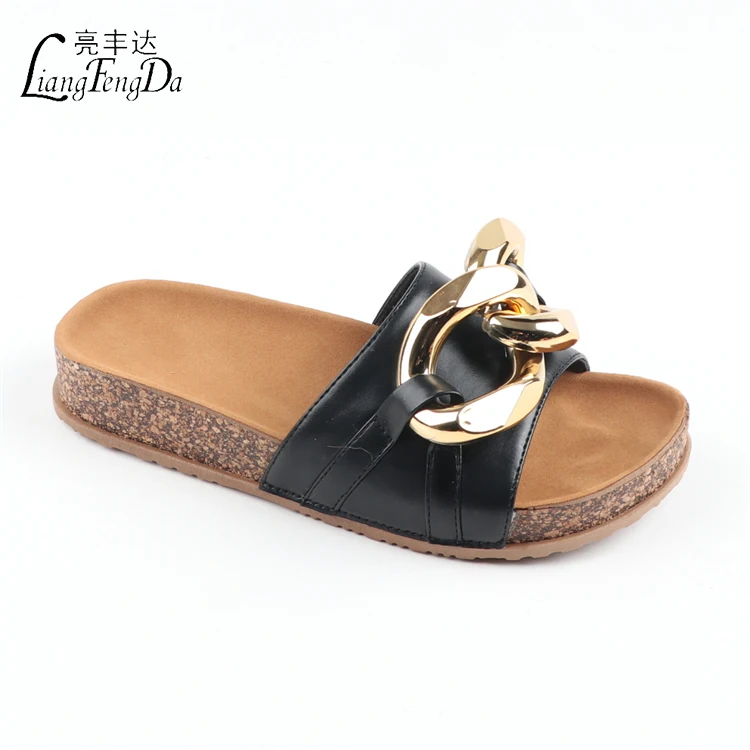 Wholesale OEM ODM Gold Chain Cork Sole Flat Sandal for Women Slides Custom Logo Ladies Slippers Shopify Amazon Customization