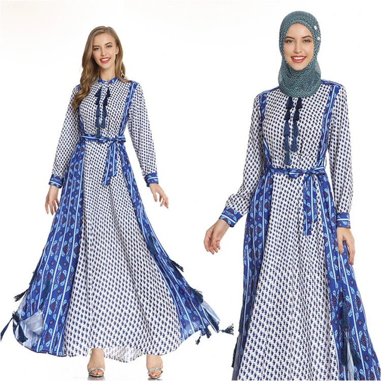 High Quality Islamic Robe Elegant Loose Dresses Sashes Tassel Patchwork Print Woman Dresses Women Muslim Dress
