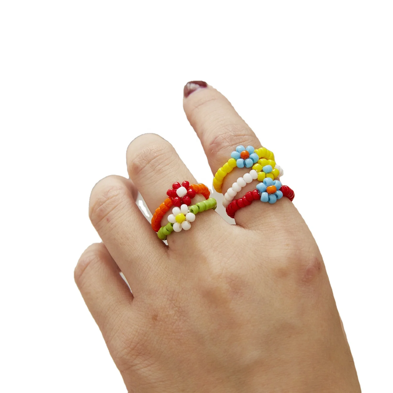 Fashion Boho Seeds Beads Flower Rings Jewelry For Women Summer Gift