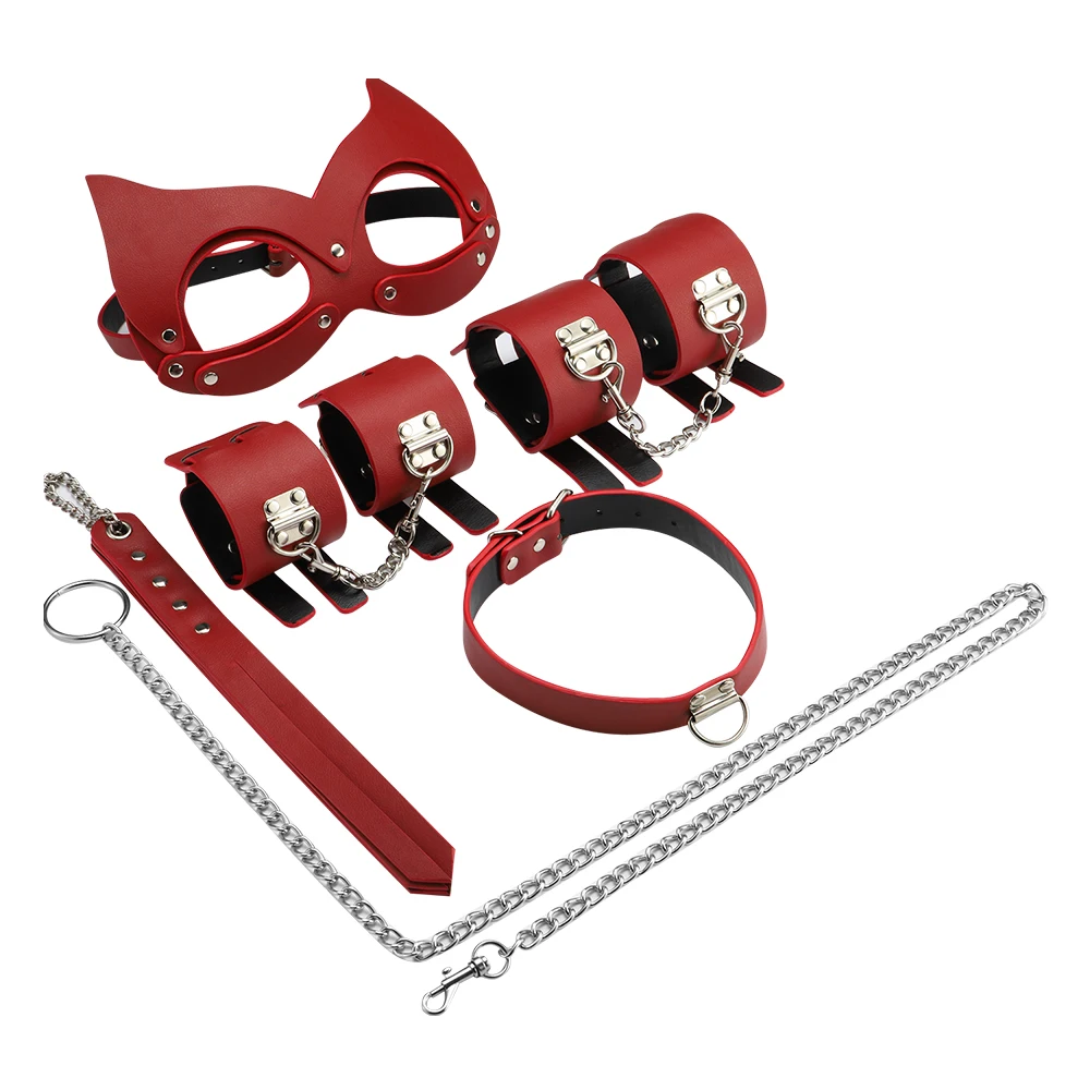 2021 New Leather Bondage Restraints Kit Set Cat Shape Blindfold Collar Handcuffs 5-piece for Adults BDSM Set