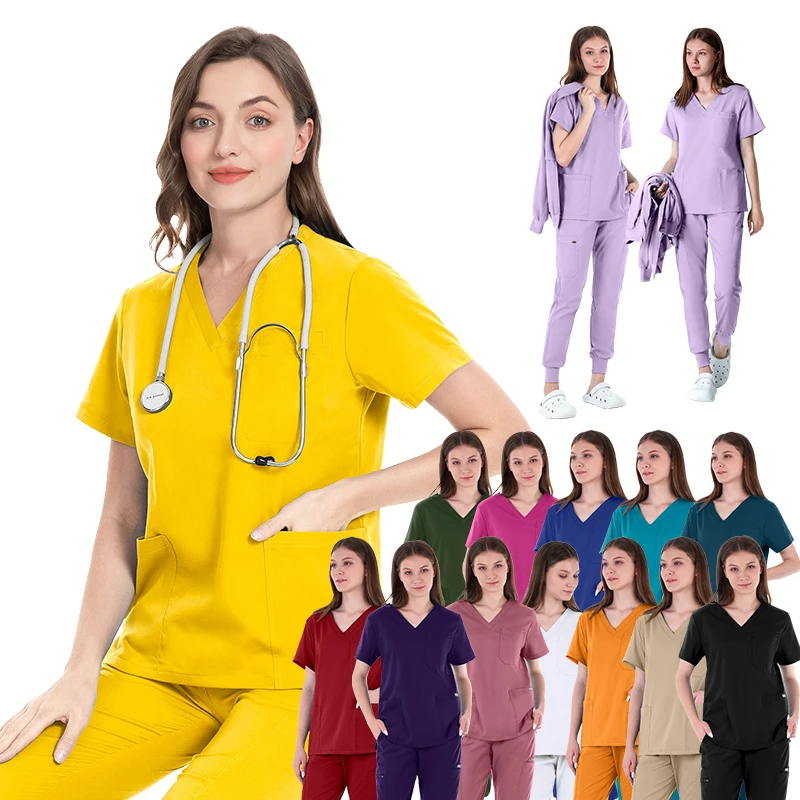 Excellent Quality Fashion Stretch Fabric Unisex Womens Men Khaki White Red Pink Blue Nurse Scrub Uniform Sets Spa Uniform