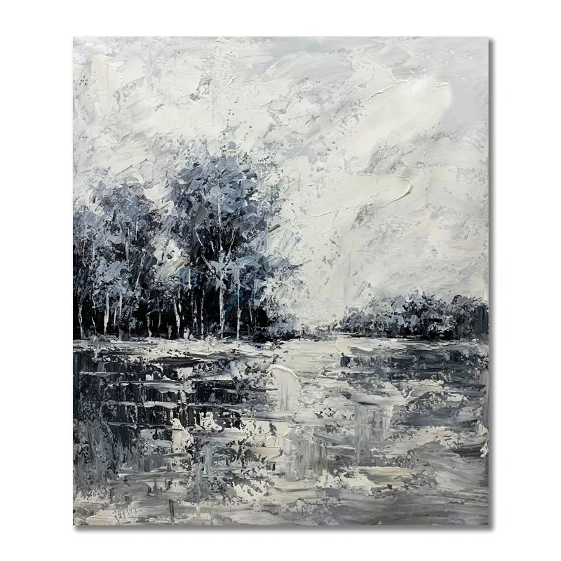 100% Handpainted High Quality Black and White Modern Landscape Canvas Painting for Home Decoration