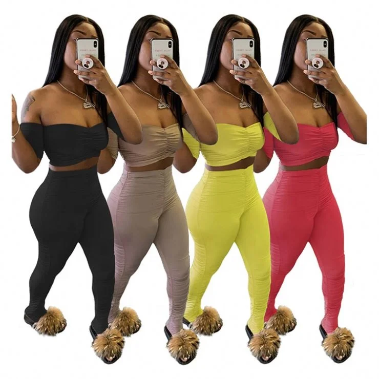 
 Лидер продаж, сексуальный укороченный топ с открытыми плечами, Клубная одежда, облегающий костюм, женский комплект одежды из 2 предметов  