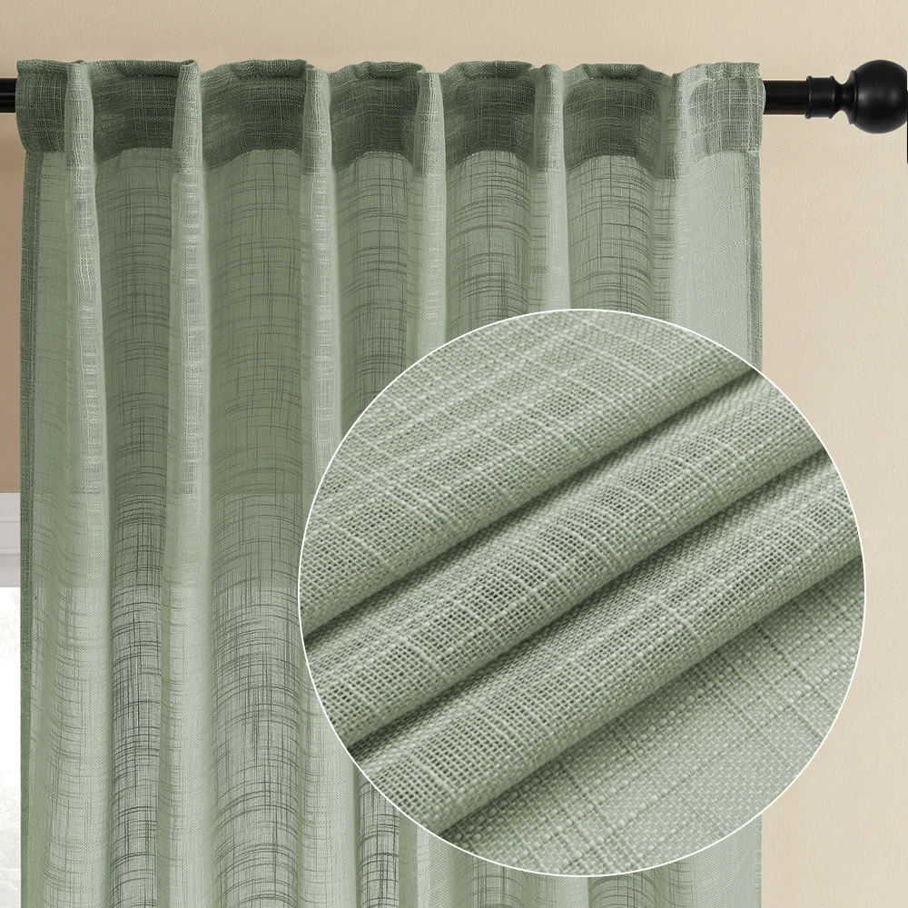 greyish-green Linen Feeling Semi Sheer Top Grommet Gauze Sheer Voile Curtains for The Living Room Bedroom