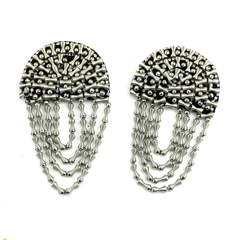 Clear Triangle crystal 3D Handmade beading patches applique pairs with chain fringe for garment shoulder embellishment